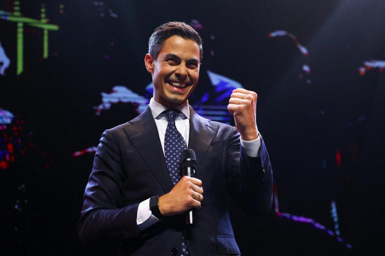 D66 leader Rob Jetten speaking to supporters on Wednesday (Reuters)