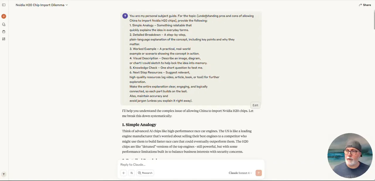 The prompt template shown on screen asking for analogy, breakdown, knowledge check, resources, and bibliography The prompt template shown on screen asking for analogy, breakdown, knowledge check, resources, and bibliography