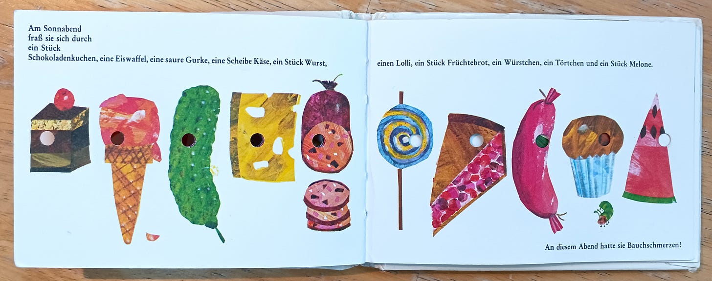 Photo of a page from The Very Hungry Caterpillar in German 