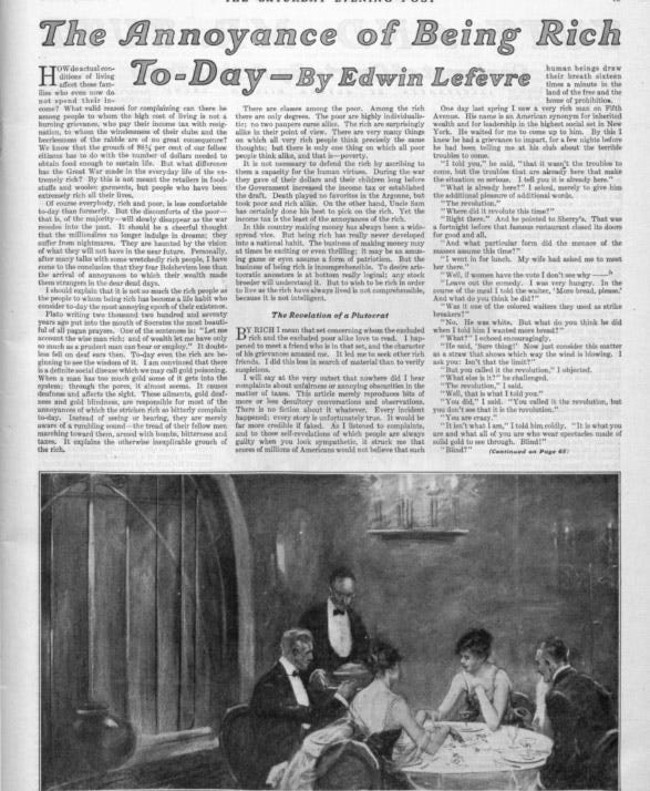 The first page of the article, "The Annoyances of Being Rich" The first page of the article, "The Annoyances of Being Rich"