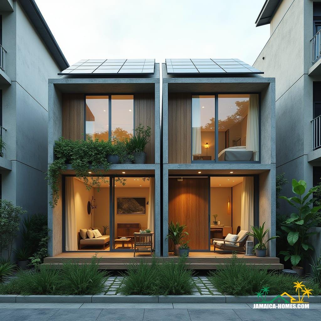 Twin Modular Urban Home Design: Two 20-ft concrete modules side by side with shared narrow porch. Materials: Concrete, steel, glass, timber accents. Features: Solar panels, ventilated roof, cross-ventilation, narrow garden strip at front. Environment: Dense city lot, neighboring buildings close by, small tropical plants in front. Style Notes: Modern, practical, functional for small urban family or rental.