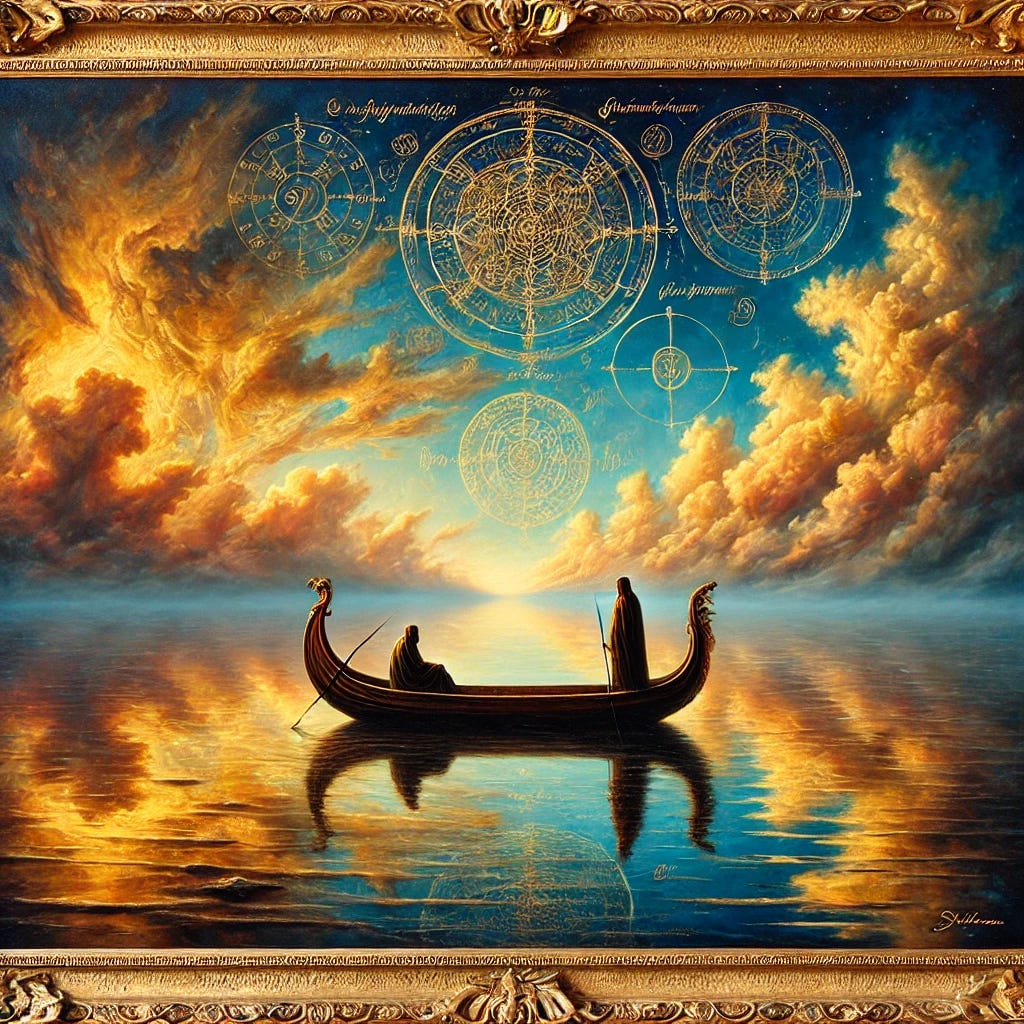 A Renaissance-style oil painting of a surreal scene inspired by a poetic dialogue. A wooden boat floats on an endless, mirror-like ocean under a dramatic twilight sky with rich, golden and deep blue tones. The boat appears timeless and ornate, carrying two shadowy, contemplative figures symbolizing 'Rosencrantz and Guildenstern.' Above them, intricate celestial symbols and faintly visible script drift in the sky like a Renaissance fresco. The horizon is soft, blending into the heavens, creating a mystical, liminal atmosphere. The painting is framed with an elegant, gold-leaf frame, suitable for a museum display. The entire piece has the texture and depth of classic oil painting, evoking Renaissance artistry. A Renaissance-style oil painting of a surreal scene inspired by a poetic dialogue. A wooden boat floats on an endless, mirror-like ocean under a dramatic twilight sky with rich, golden and deep blue tones. The boat appears timeless and ornate, carrying two shadowy, contemplative figures symbolizing 'Rosencrantz and Guildenstern.' Above them, intricate celestial symbols and faintly visible script drift in the sky like a Renaissance fresco. The horizon is soft, blending into the heavens, creating a mystical, liminal atmosphere. The painting is framed with an elegant, gold-leaf frame, suitable for a museum display. The entire piece has the texture and depth of classic oil painting, evoking Renaissance artistry.