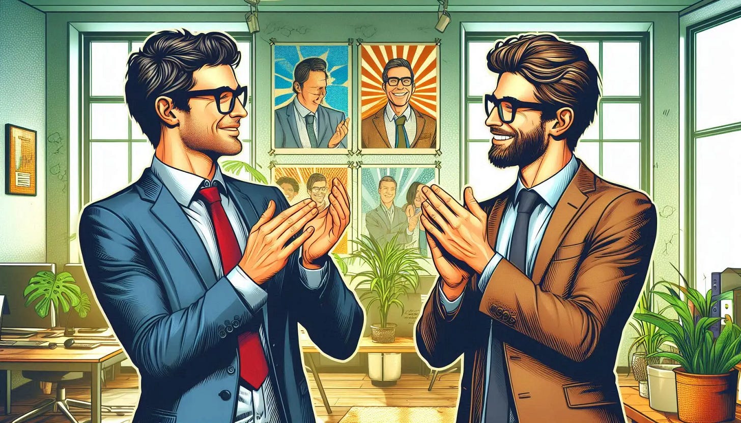 two professional men are looking at each other and clapping for each other, realistic comic book art