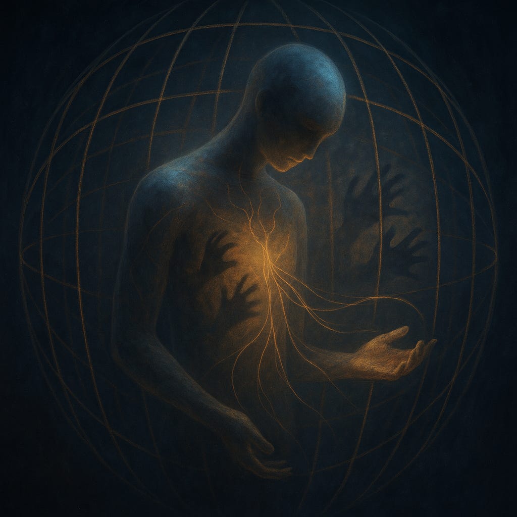 Translucent, gender-neutral figure with bowed head and open hand inside a glowing spherical lattice; cave-shadow hands flicker within the body as five golden threads spiral from the chest toward the bars, in deep indigo and ember tones.