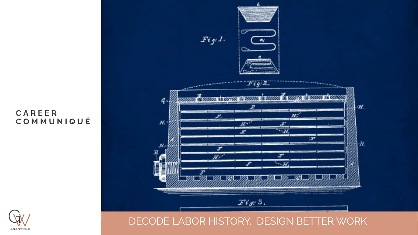 A technical patent drawing on deep navy blue background showing Lewis Howard Latimer's Process for Manufacturing Carbons, featuring three figures: a cross-sectional diagram of the carbon manufacturing vessel with parallel horizontal elements labeled with letters, a detail of the carbon filament form, and a partial third figure at bottom. White line drawings on blue ground. Career Communiqué branding on left with Geneèn Wright logo. Terracotta banner at bottom reads: Decode Labor History. Design Better Work. A technical patent drawing on deep navy blue background showing Lewis Howard Latimer's Process for Manufacturing Carbons, featuring three figures: a cross-sectional diagram of the carbon manufacturing vessel with parallel horizontal elements labeled with letters, a detail of the carbon filament form, and a partial third figure at bottom. White line drawings on blue ground. Career Communiqué branding on left with Geneèn Wright logo. Terracotta banner at bottom reads: Decode Labor History. Design Better Work.