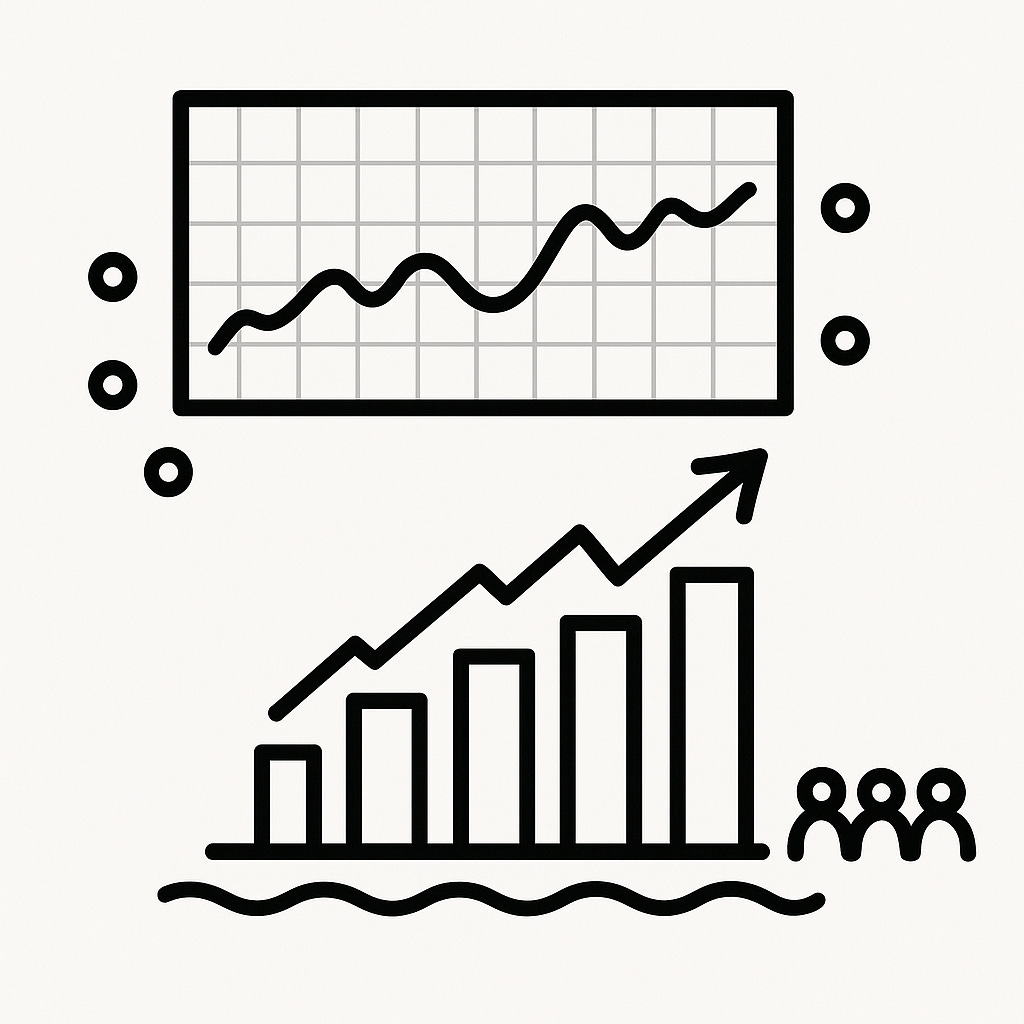A minimal black-and-white line drawing of a financial chart. At the top, a rectangular grid contains a rising oscillating line. At the bottom, a bar chart with an upward arrow shows growth. Small circles and human-like figures are drawn around the charts to represent observers.