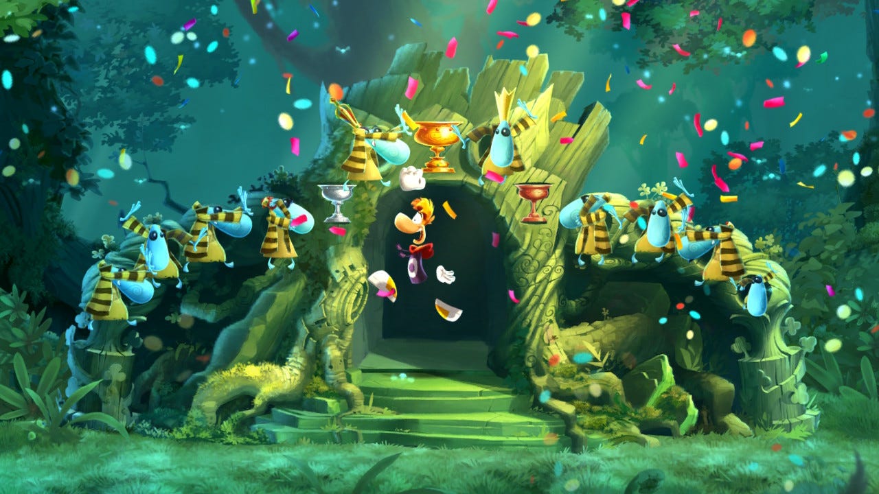 Rayman leaps into the air, flanked by five Teensies on each side. They are in front of the level's end goal.