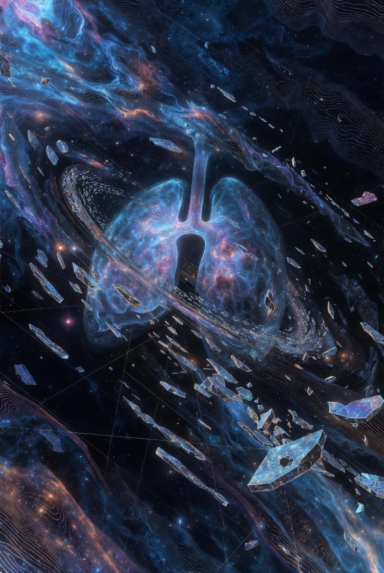 A digital illustration of an abstract cosmic scene depicting the universe as a breathing entity with swirling patterns and cosmic elements.