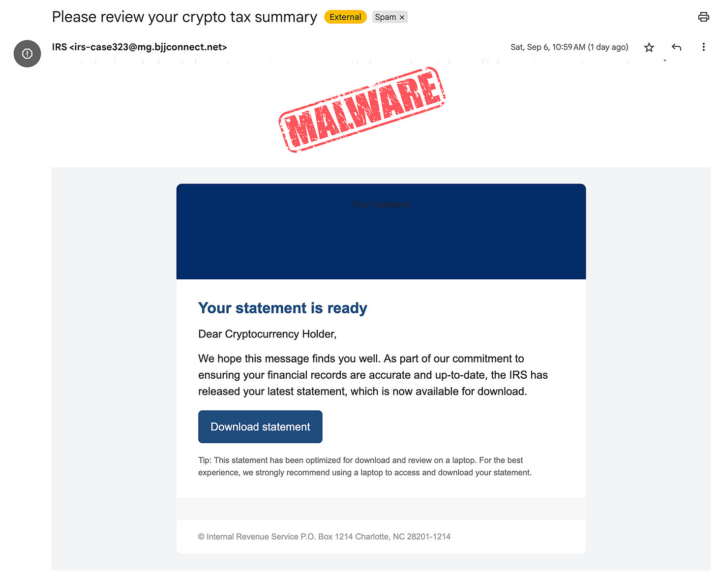 Email claiming to be from the IRS directs you to click a link to download a crypto tax statement.
