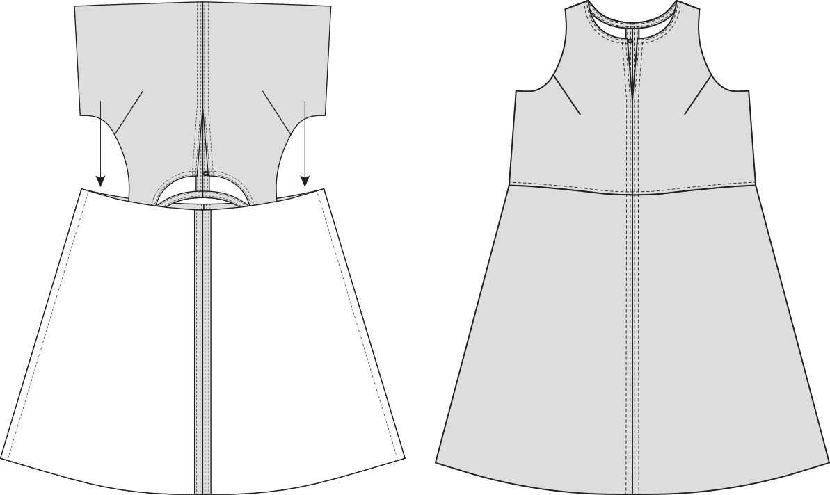 Technical illustration showing Austin Dress View A bodice being lowered onto A-line skirt at waistline seam, with completed dress at right