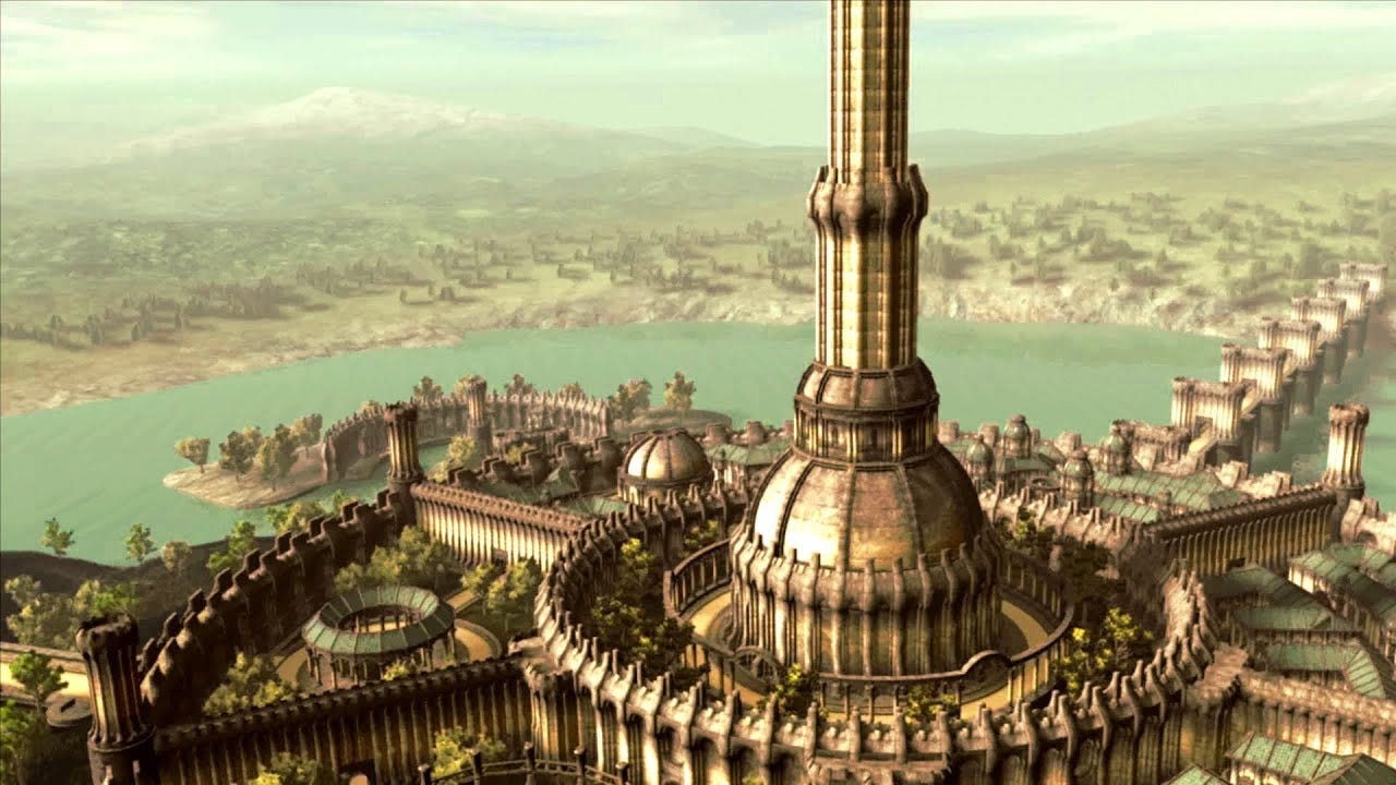 A screenshot of the Imperial City from the video game Oblivion. The image shows a bird’s eye view of the city, which is divided into ten districts. The central district is the Green Emperor Way, where the White-Gold Tower stands tall and majestic. The other districts are the Market, Arena, Arboretum, Temple, Talos Plaza, Elven Gardens, Prison, Arcane University, and Waterfront. The city is surrounded by a large lake and a stone wall. The image captures the beauty and grandeur of the Imperial City, the capital of Cyrodiil and the Septim Empire.