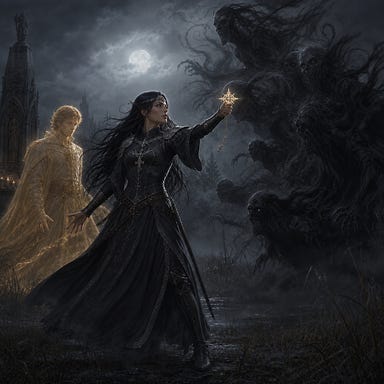 Clarion confronting the dark powers tormenting Sergei, standing in a Barovian marsh clearing at night; Clarion tall and resolute with black hair and silver‑trimmed armor, holy symbol raised against a swirling mass of shadowy, amorphous spirits; Sergei’s golden ghostly form flickering behind her; fog, moonlight, and Gothic atmosphere; original faces, no resemblance to real people
