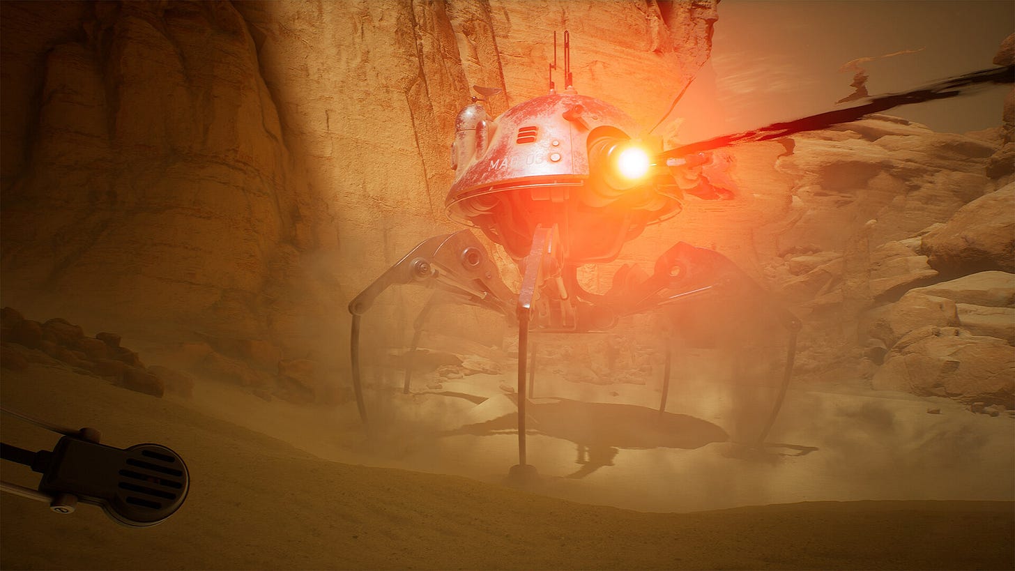 A robot spider fires an energy beam