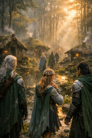 Calarii elves discovering the Dusk Elf hovels transplanted to the Radlebb Woods, misty forest clearing at dawn, elves in silver and green attire approaching moss-covered huts, expressions of recognition and sorrow, no Arabelle present Calarii elves discovering the Dusk Elf hovels transplanted to the Radlebb Woods, misty forest clearing at dawn, elves in silver and green attire approaching moss-covered huts, expressions of recognition and sorrow, no Arabelle present