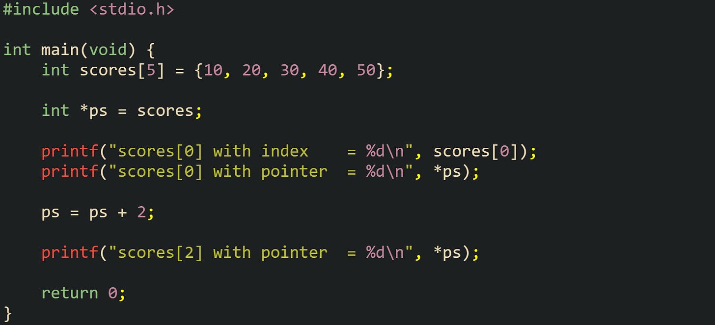 #include <stdio.h>  int main(void) {     int scores[5] = {10, 20, 30, 40, 50};      int *ps = scores;      printf("scores[0] with index    = %d\n", scores[0]);     printf("scores[0] with pointer  = %d\n", *ps);      ps = ps + 2;      printf("scores[2] with pointer  = %d\n", *ps);      return 0; }