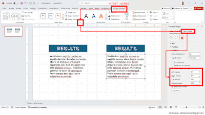 Screenshot of PowerPoint showing the location of the text box setting for margins in the right hand sidebar.