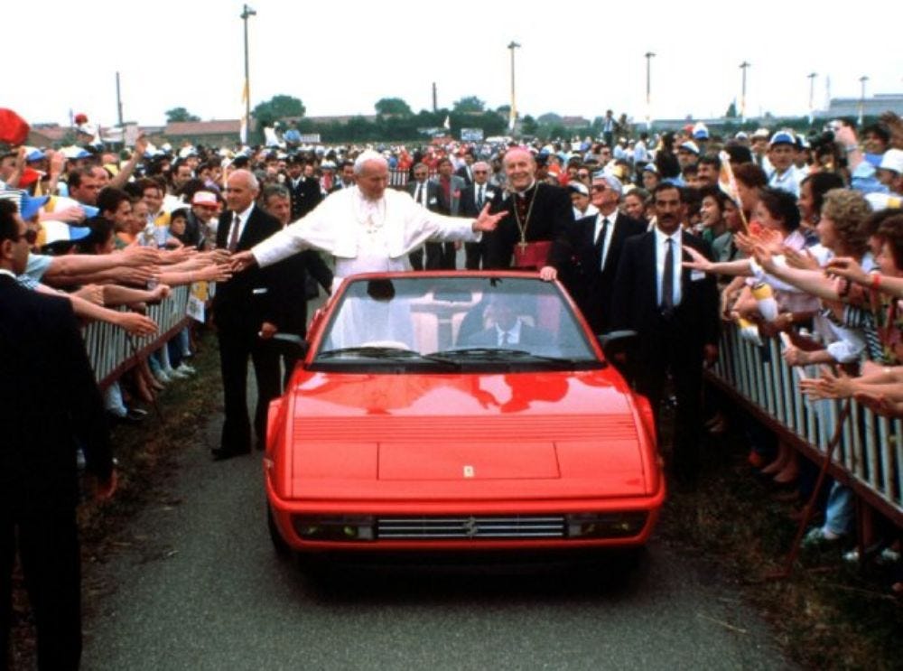 Pope John Paul II in a Brand New Ferrari Mondial Cabriolet in Fiorano,  Italy, on June 4, 1988 ~ Vintage Everyday