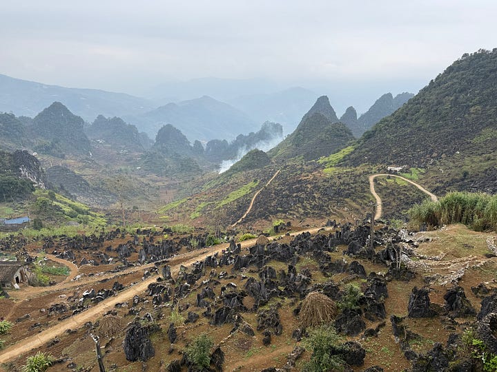 mountains, rivers, and fields