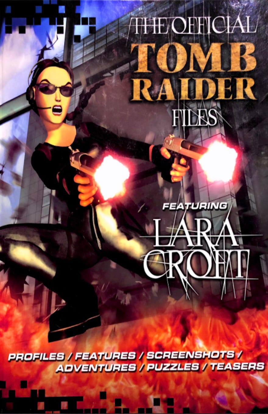 The image is a cover of "The Official Tomb Raider Files" book, featuring the character Lara Croft. The cover art depicts Lara Croft in an action pose, dual-wielding pistols with muzzle flashes, indicating that she is firing the weapons. She is dressed in a black leather outfit.  The background of the cover shows a fiery explosion at the bottom and what appears to be a damaged building or structure with broken glass, suggesting a scene of chaos and adventure typical of the Tomb Raider series. The title of the book is presented at the top in large, distressed typography that fits the adventurous theme.  Below the image of Lara Croft, there are additional details about what the book contains, including "PROFILES / FEATURES / SCREENSHOTS / ADVENTURES / PUZZLES / TEASERS," showing that the book is a comprehensive guide to the Tomb Raider series, providing insight into the games' characters, features, and gameplay, as well as visual content.  The overall design of the cover is dynamic and captures the essence of the Tomb Raider video game series, which is known for its action-packed gameplay and exploration of ancient tombs and dangerous environments. The book is likely aimed at fans of the series and those interested in learning more about the world of Tomb Raider and its iconic protagonist.