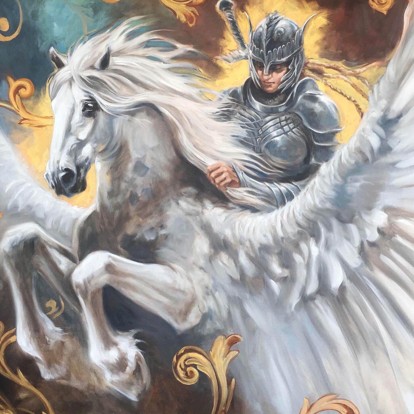 A warrior in silver armor rides a white winged horse against a vibrant swirling background, exuding a dynamic and heroic mood. Original oil painting by Kindrie Grove