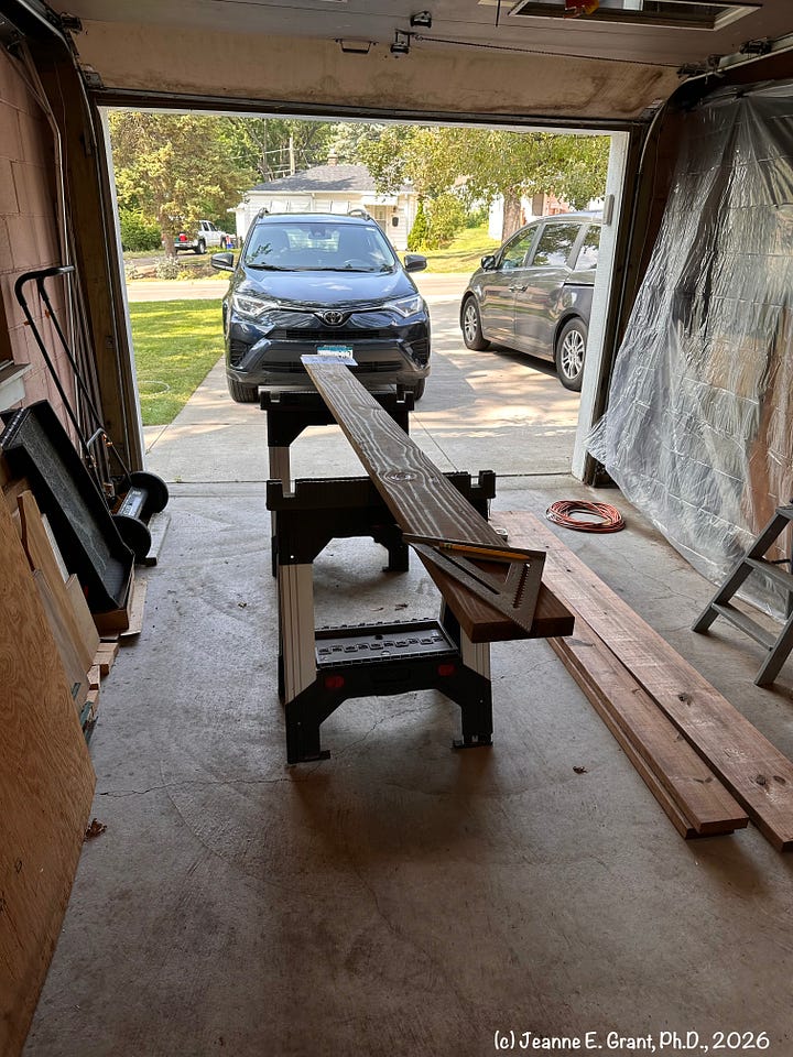 four photos showing pretreated wood on horses in a garage or standing against a wall