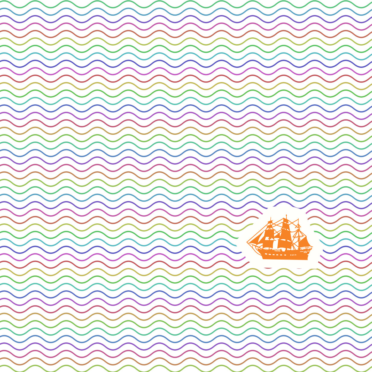 An orange sailboat with flat sails is positioned on top of a repeating rainbow pattern of wavy lines
