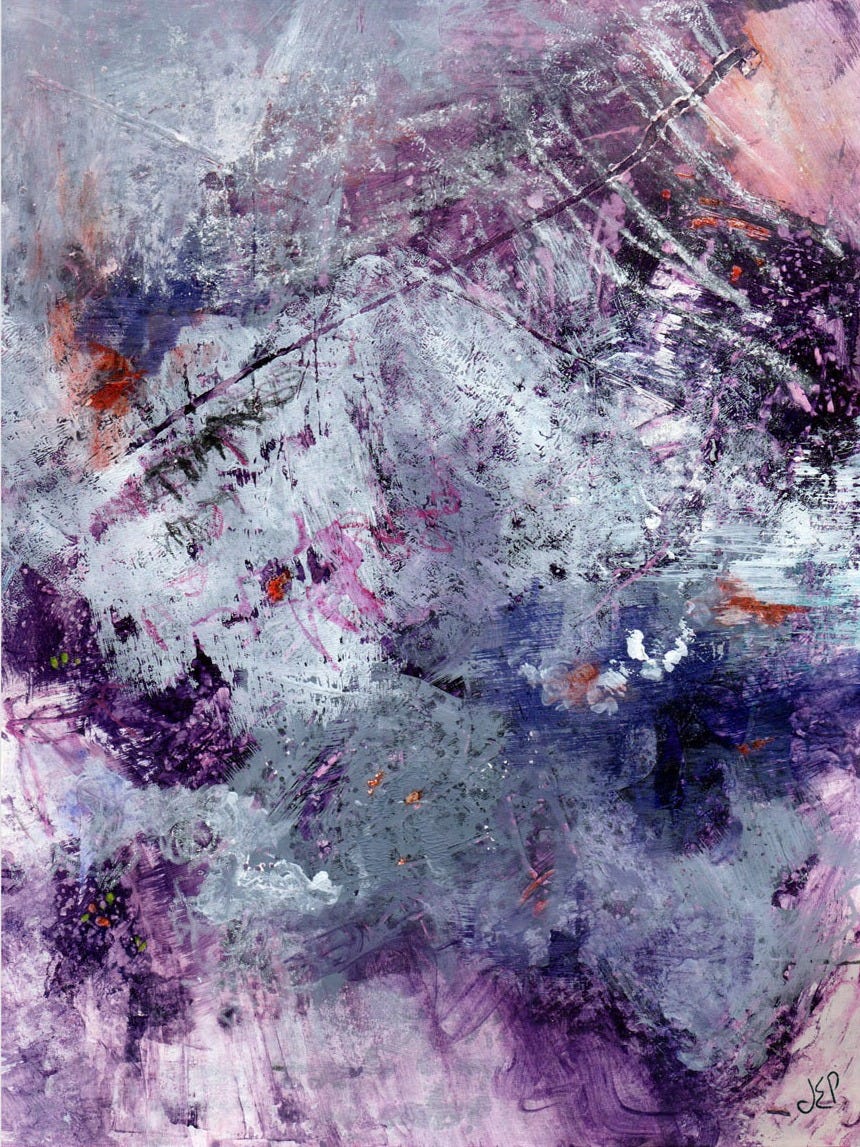 Abstract acrylic painting in greys, purples and pinks with layered textures and a diagonal dark line
