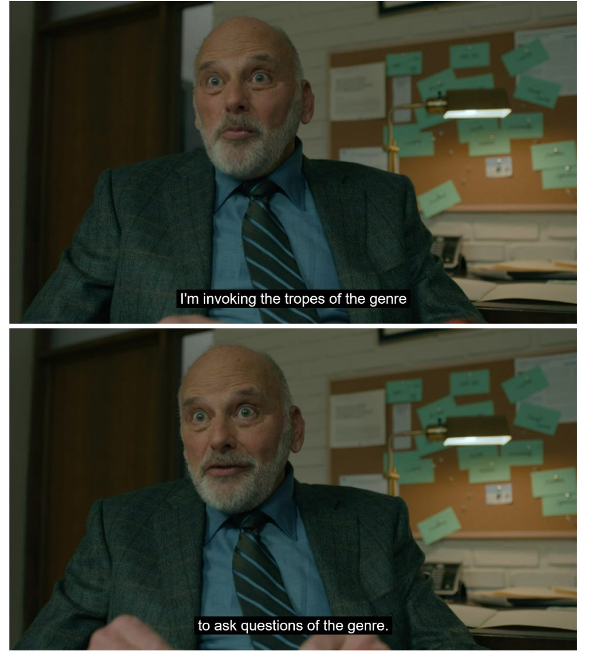 Screenshots from the TV show 'Evil' see one character laying out the show's playful relationship to genre.