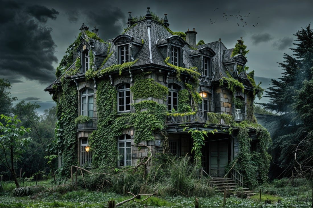 Old mansion covered in vines