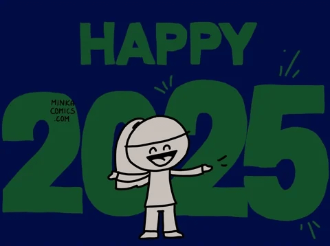 An animated character says happy 2025. An animated character says happy 2025.