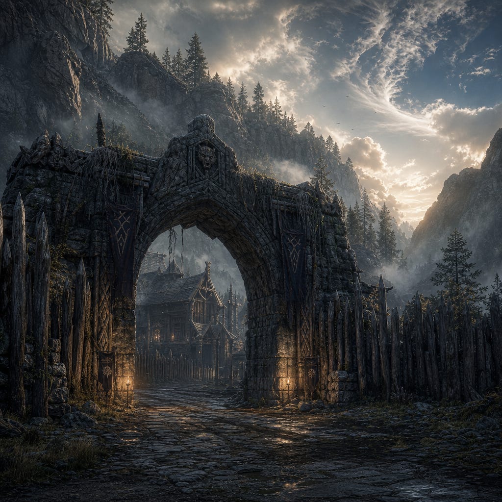 Soldav Mountain Gate at dawn, a rugged stone archway carved into the mountainside, pines clinging to cliffs, morning mist curling around wooden palisades, the village behind still shadowed while the sky above clears unnaturally, clouds unraveling like torn veils