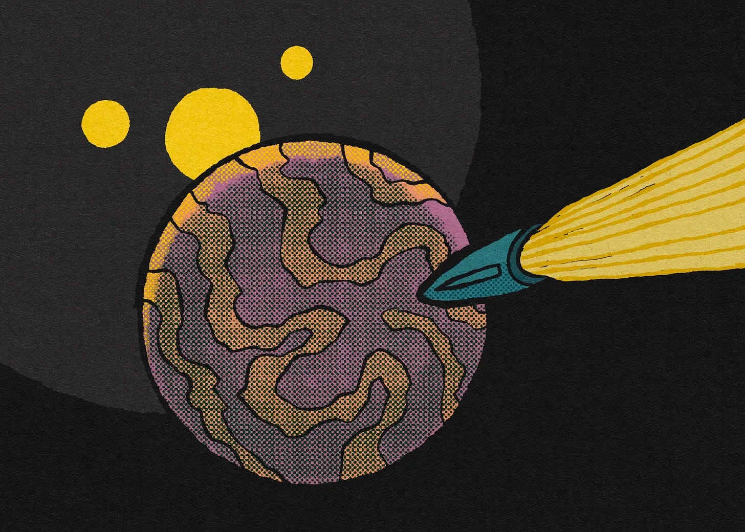 Stylized illustration of a spacecraft approaching a patterned alien planet in deep space, illuminated by three bright yellow suns against a dark background. Stylized illustration of a spacecraft approaching a patterned alien planet in deep space, illuminated by three bright yellow suns against a dark background.