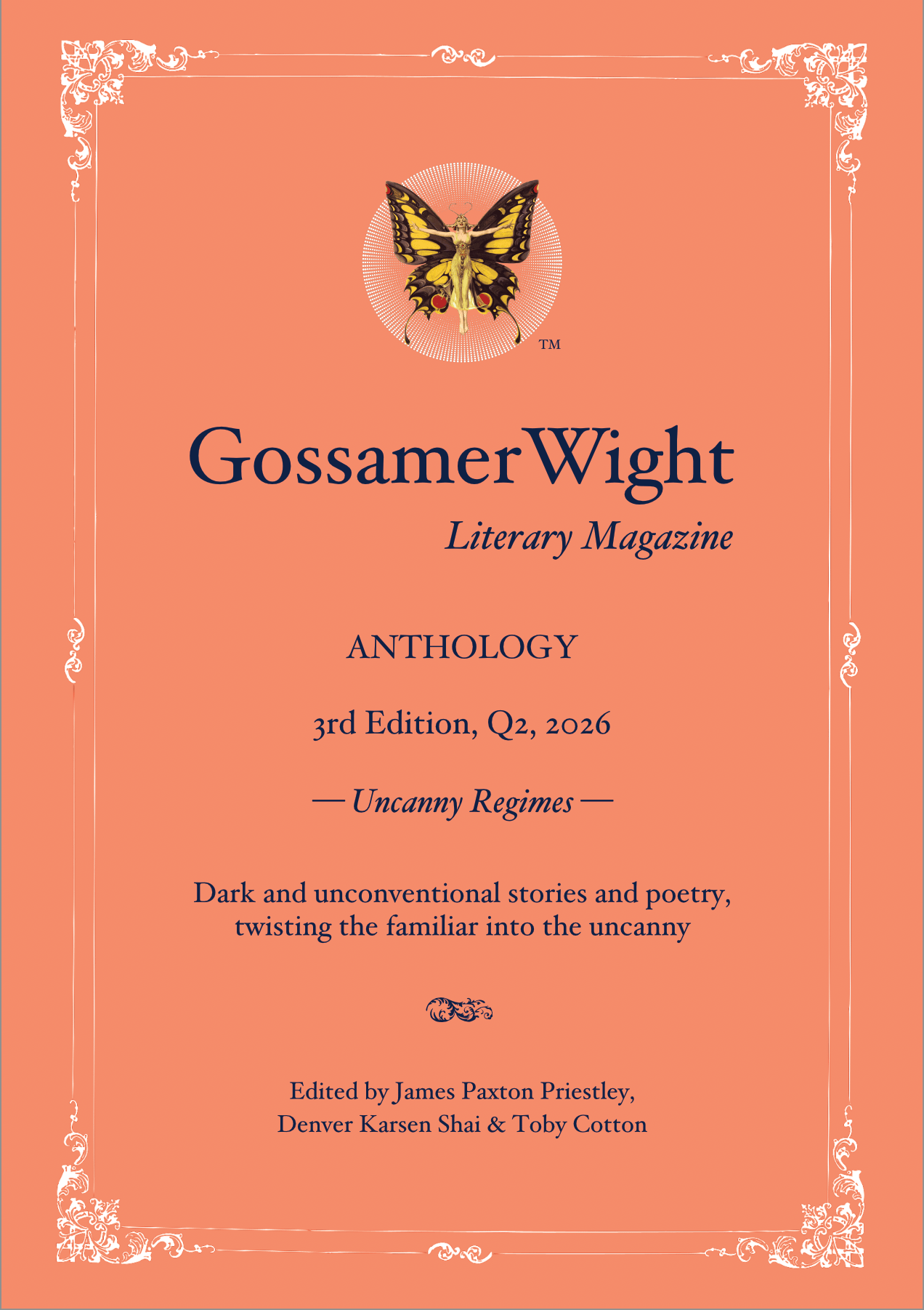 The salmon coloured cover of the 3rd Edition, Quarter 2, 2026 GossamerWight Literary Magazine Anthology, "Uncanny Regimes."