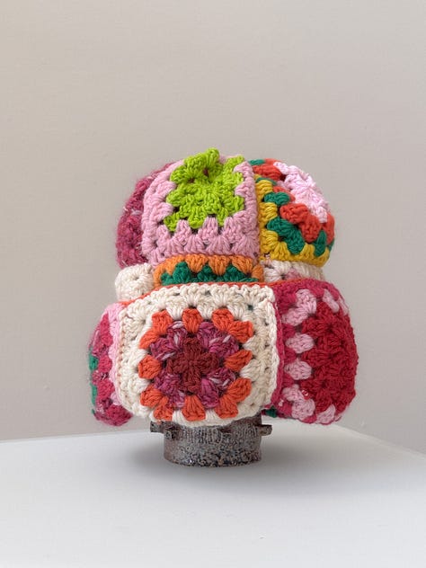 Red and pink granny crochet patchwork beanie