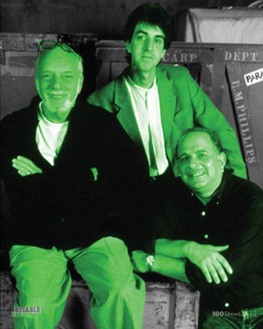A tinted photo of Harold Prince, Jason Robert Brown, and Alfred Uhry.