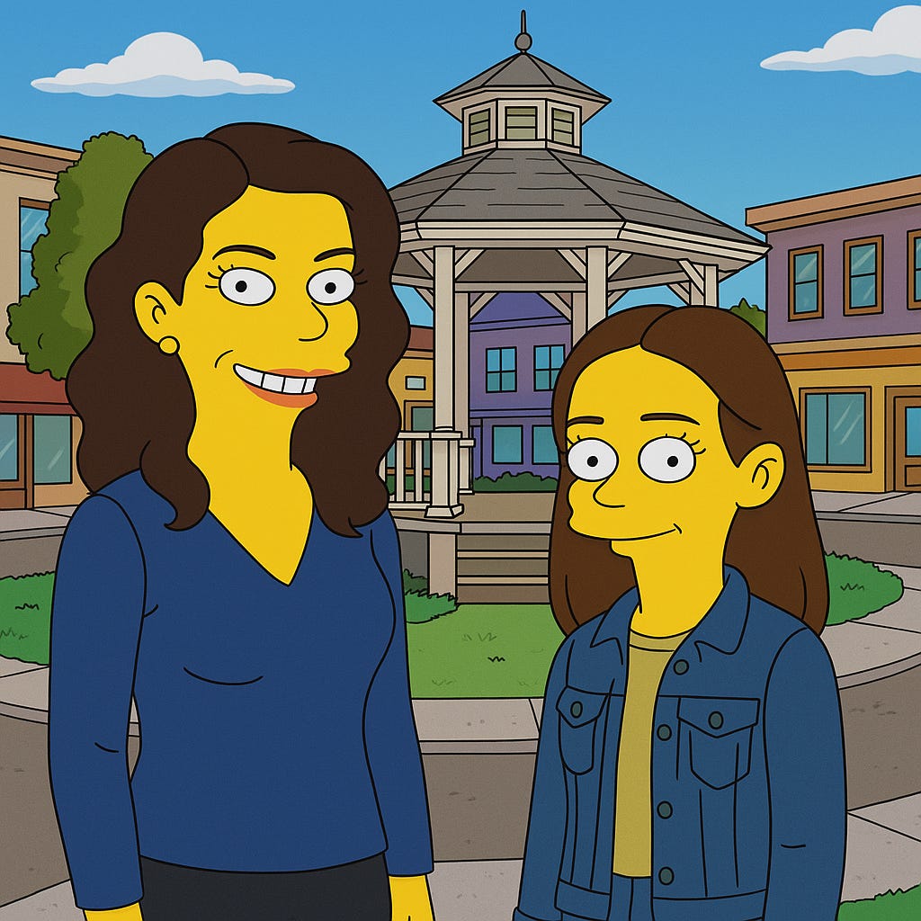 AI-Generated Fan Art Mashup of Lorelai Gilmore as Simpsons characters in front of the town gazebo in The Simpsons | rmrk*st | Remarkist Magazine