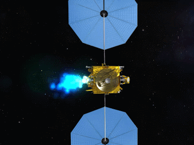 Renders of Tianwen-2 surveying an asteroid an flying past Earth.