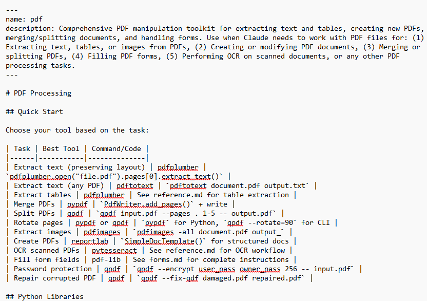 Screenshot of a Claude Code PDF skill markdown file detailing PDF processing tasks, tools, and commands, illustrating how to define Claude Code skills for MCP workflows