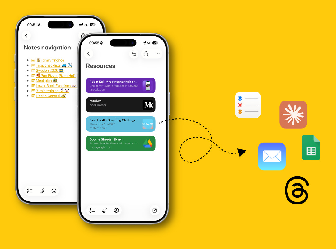 Illustration showing Apple Notes link workflows with internal note navigation, saved resources, and connections to Reminders, Mail, Freeform, Google Sheets, and Threads Illustration showing Apple Notes link workflows with internal note navigation, saved resources, and connections to Reminders, Mail, Freeform, Google Sheets, and Threads