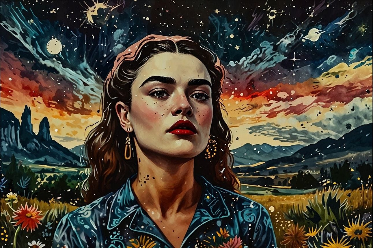 A woman who looks strong emerges from a background that resembles vangogh's starry night
