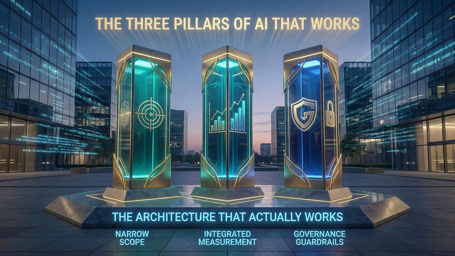 Three illuminated pillars representing scope, measurement, and governance as foundations for successful AI deployment