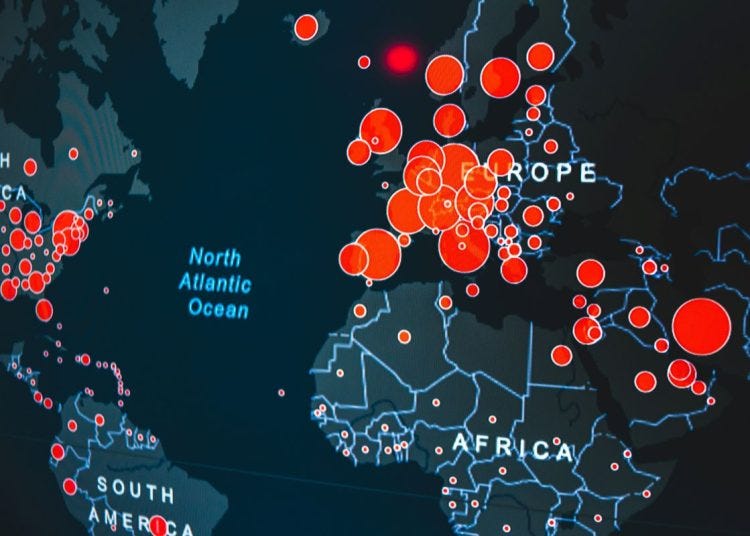 Map of the world with red heat dots
