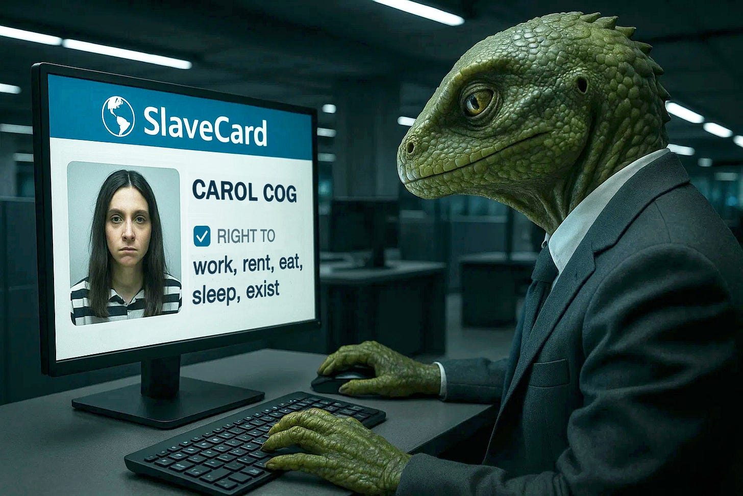A reptilian executive designs a digital ID card labelled “Right to: Work, Rent, Eat, Sleep, Exist” for a human named Carol Cog. A reptilian executive designs a digital ID card labelled “Right to: Work, Rent, Eat, Sleep, Exist” for a human named Carol Cog.