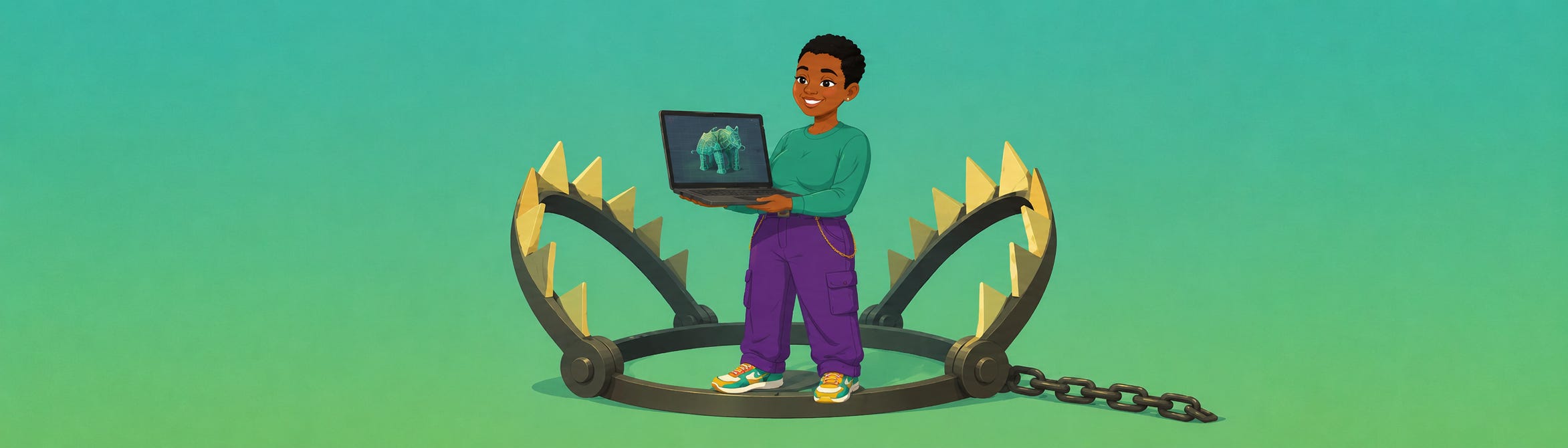 Cartoon illustration of a woman showing a 3D design on a laptop, standing in the middle of a giant metal trap.