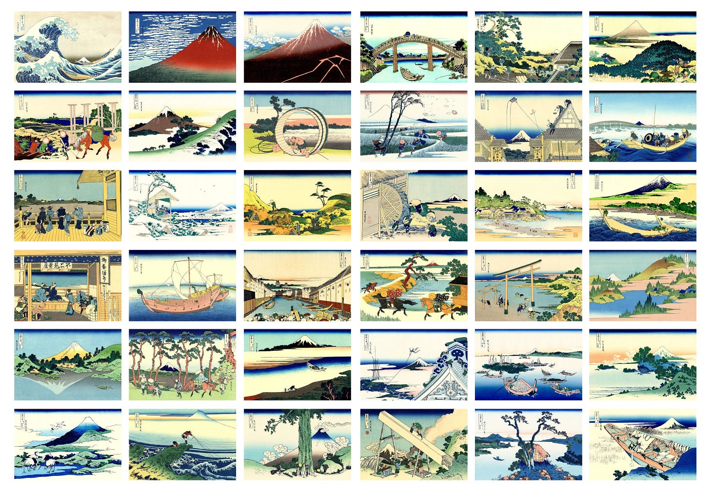 Collection of Katsushika Hokusai’s 36 Views of Mount Fuji prints, showing iconic Japanese woodblock art with landscapes, mountains, waves, and bridges.