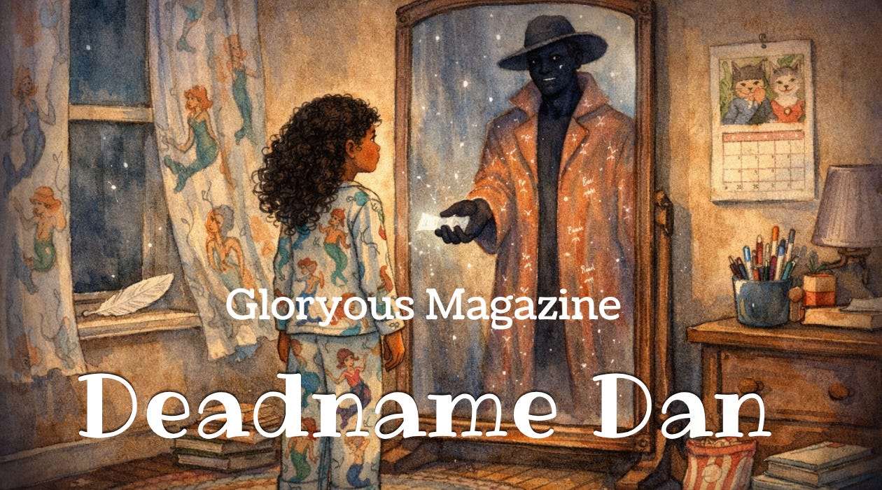 Illustrated cover image for Gloryous Magazine: a brown-skinned girl with dark curly hair, wearing mermaid-print pajamas, stands barefoot in a cozy moonlit bedroom facing a tall mirror. In the mirror, a gentle dark-skinned figure in a glowing long coat reaches out with a slip of paper. A white feather rests on the windowsill, and large white text reads “Gloryous Magazine” and “Deadname Dan.” Illustrated cover image for Gloryous Magazine: a brown-skinned girl with dark curly hair, wearing mermaid-print pajamas, stands barefoot in a cozy moonlit bedroom facing a tall mirror. In the mirror, a gentle dark-skinned figure in a glowing long coat reaches out with a slip of paper. A white feather rests on the windowsill, and large white text reads “Gloryous Magazine” and “Deadname Dan.”