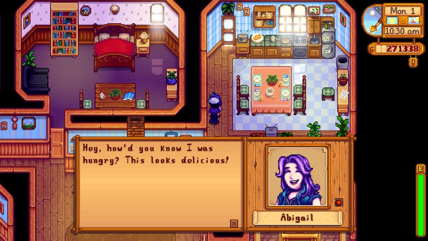 Abigail dizendo "como você sabia que eu estava com fome?"