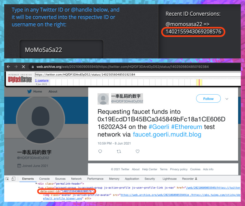 collage of screenshots showing that @HQfDF3DArdOyD52 and @MoMoSaSa22 had the same permanent ID, 1402155943069208576, and were therefore the same account