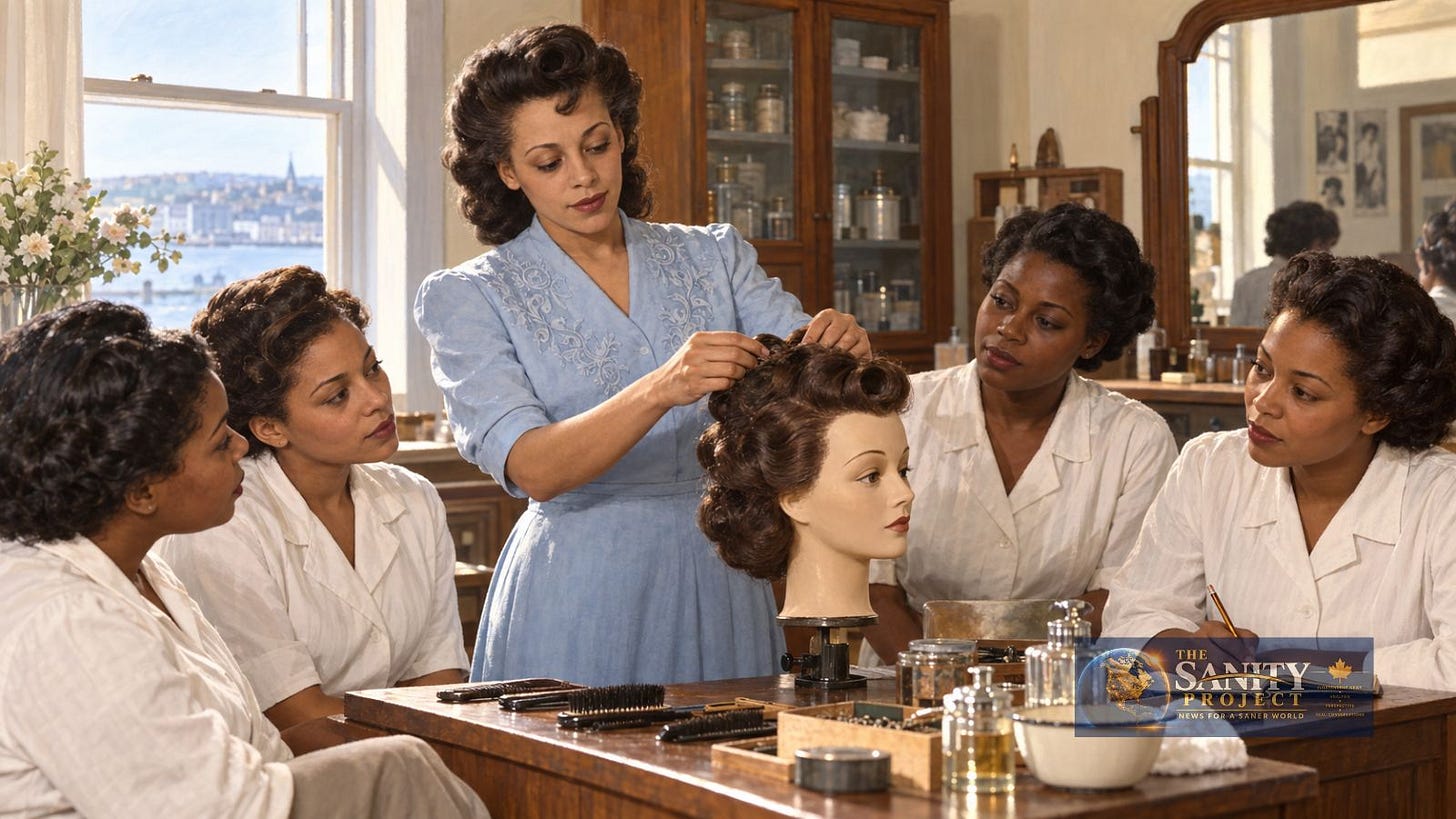 Editorial illustration of Viola Desmond demonstrating hairstyling to four Black women students. Editorial illustration of Viola Desmond demonstrating hairstyling to four Black women students.