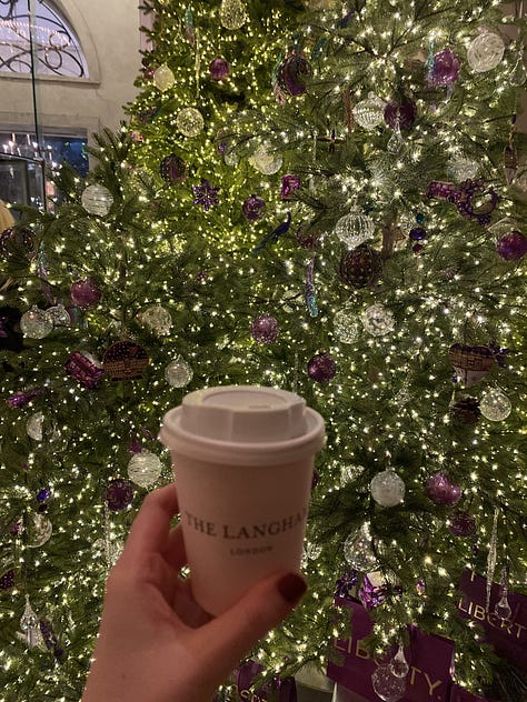 Far left is a white plate with sweet afternoon tea desserts, in the middle is a takeaway baby pink coffee cup with The Langham branding in front of a Christmas tree with lights, far right is a decorative table with afternoon tea sandwiches.